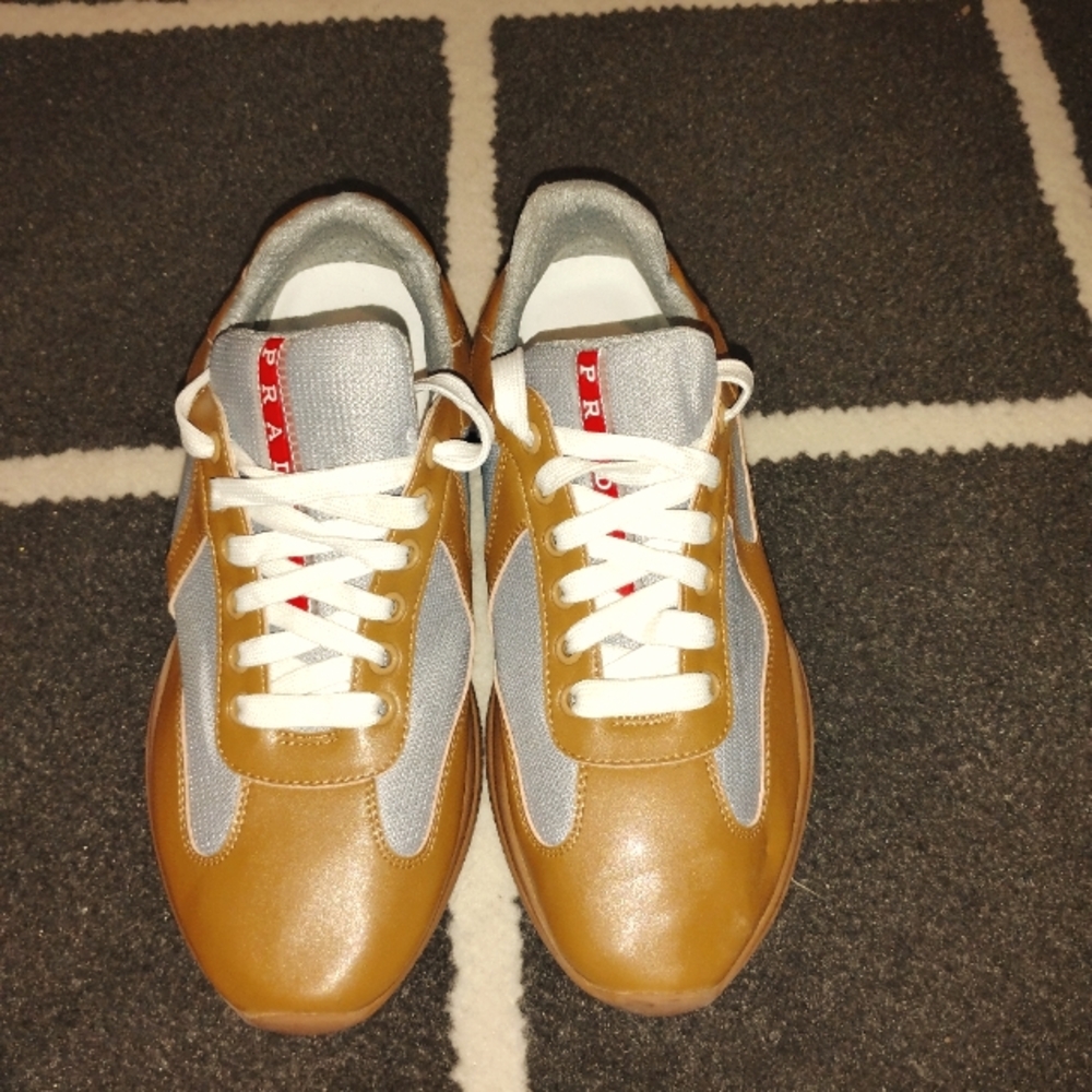 Tan And Gray Size 9 And 1/2 Men's Prada Sneakers, Brand New Never Been Worn